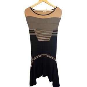 Leon Max Limited Edition Black & Tan Striped Asymmetric Hem Shift Dress Medium